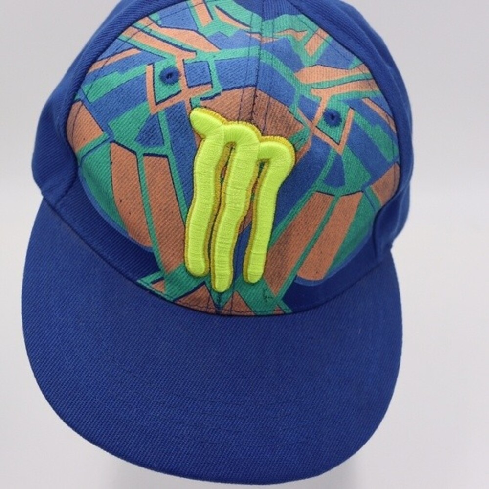 Monster Energy Vintage 90s Y2K Blue Neon Green Logo Fitted Baseball Hat 7.5